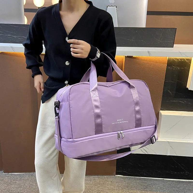 Large capacity waterproof travel bag in blue Oxford cloth for short business trips with dry wet separation compartment