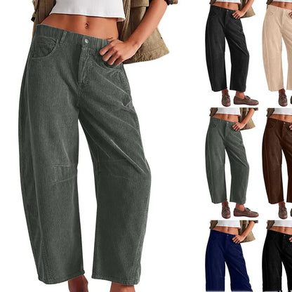 Women's straight-leg corduroy trousers in dark green with loose fit through hips and thighs