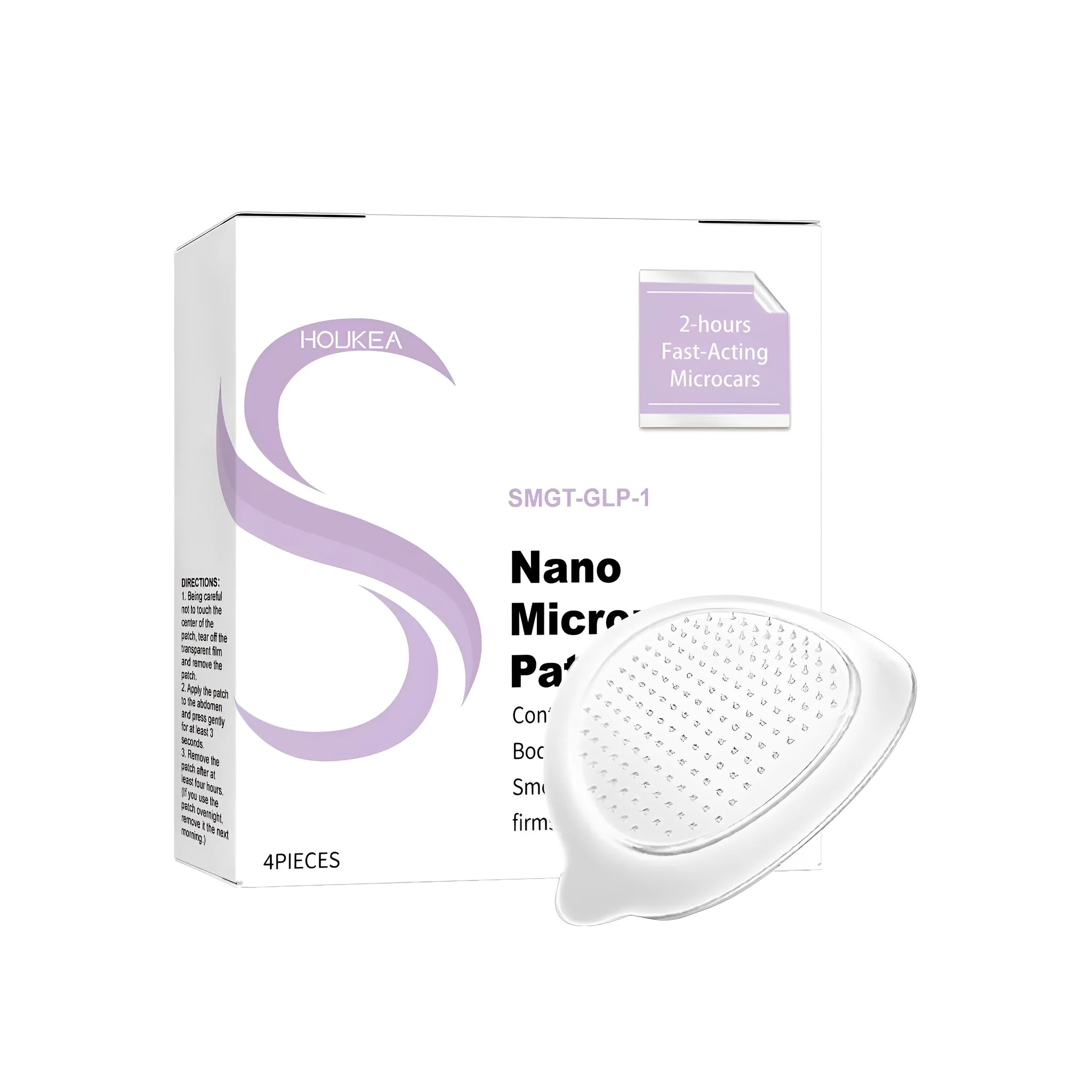 Four nano microneedle adhesive skincare patches containing ginger, mugwort root and GLP-1 ingredients.