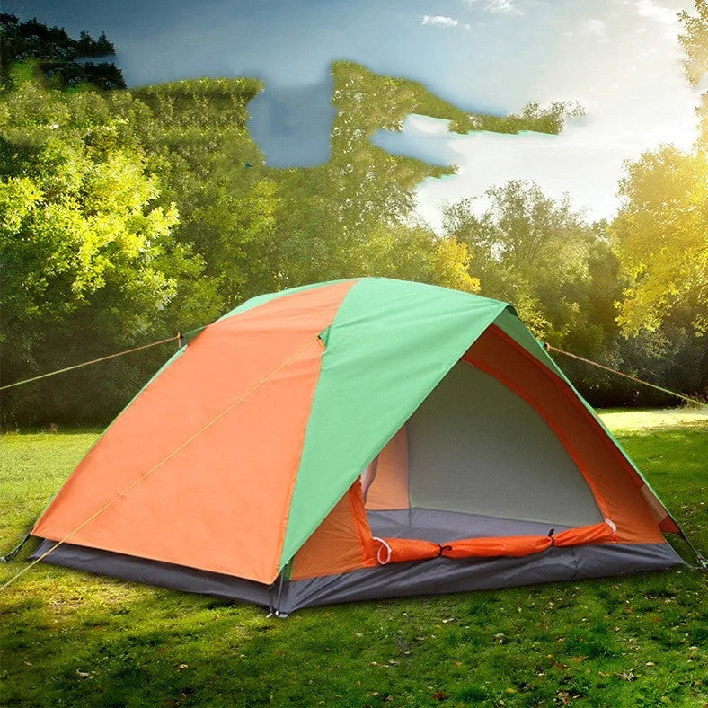 Orange-blue double camping tent with aluminium poles showing mesh windows and waterproof construction details