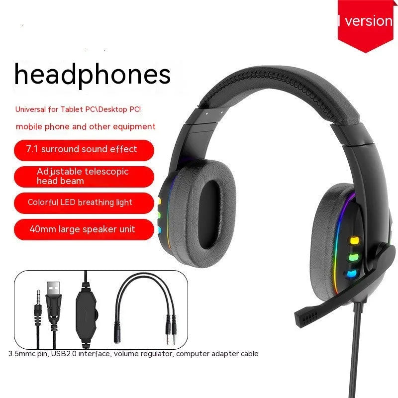 Black gaming headset with colourful LED lighting, omnidirectional microphone, and nylon-braided cable