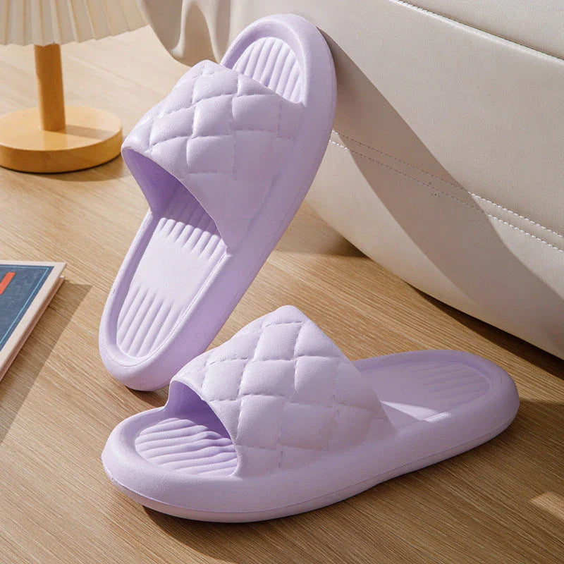 Stylish and comfortable rhombus-patterned slippers for indoor and bathroom use, featuring breathable, waterproof, and non-slip design in multiple vibrant colors.