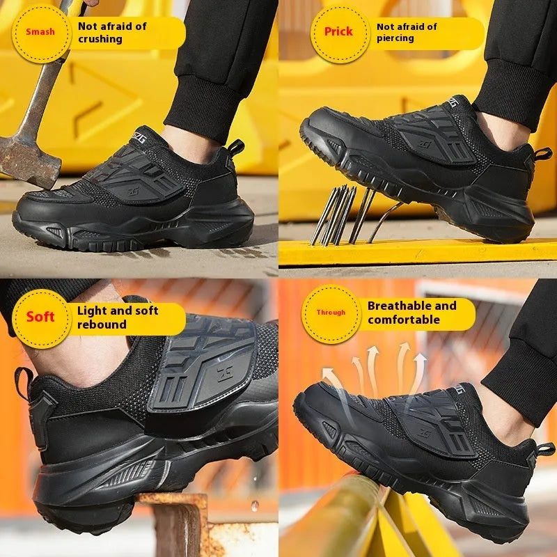 Black safety work shoes with steel toe caps, buckle fastening, and mesh uppers showing protective features