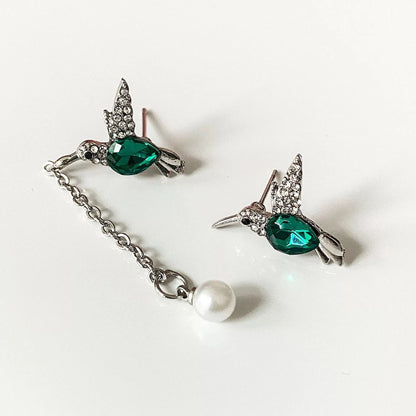 Hummingbird diamond pendant earrings with water droplet design in silver and green