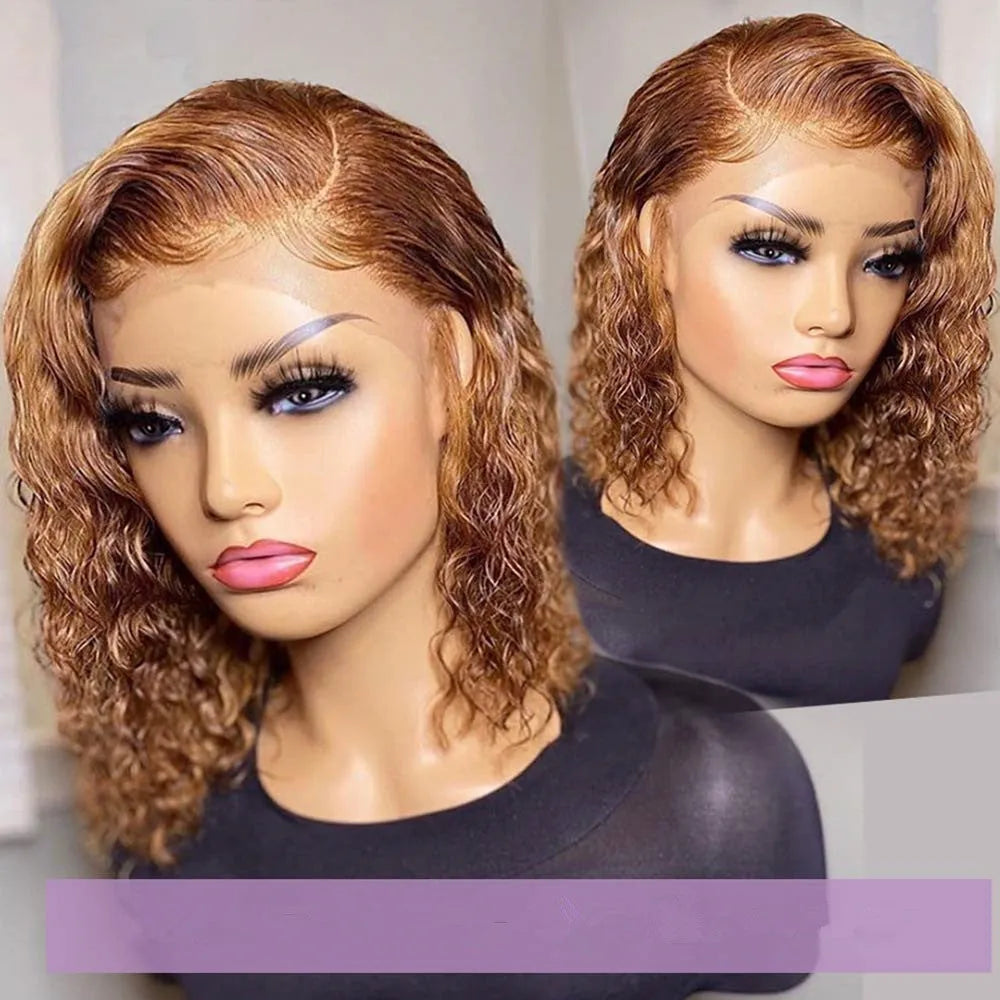 Short curly honey blonde bob lace front wig light brown high temperature wire synthetic hair for women