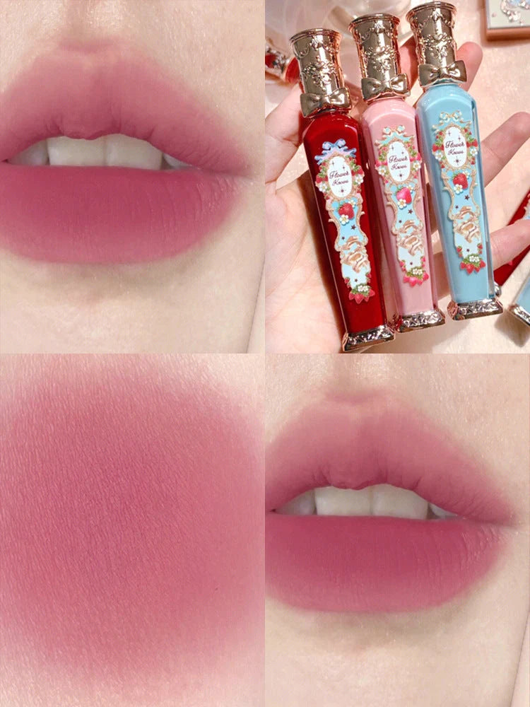 Flower Knows Strawberry Rococo Series Embossed Blush Velvet Matte Lip Glaze in vintage-inspired packaging