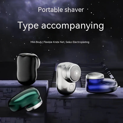 Compact electric mini shaver in cool silver with floating cutter head, 65.8 x 46 x 42mm size, rechargeable for 60+ minutes use