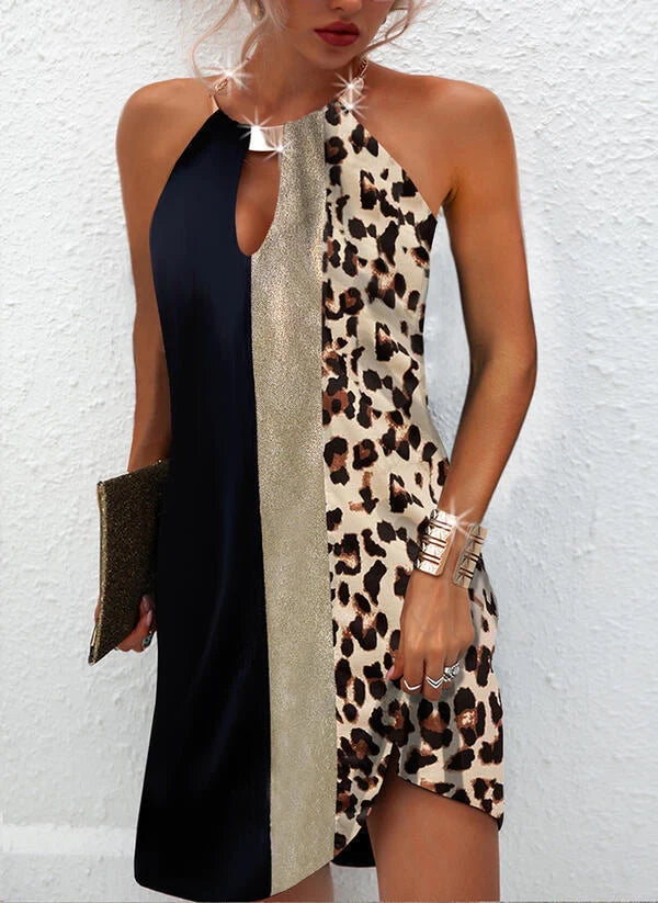 Leopard print sleeveless back metal halter dress in white, black, and blue