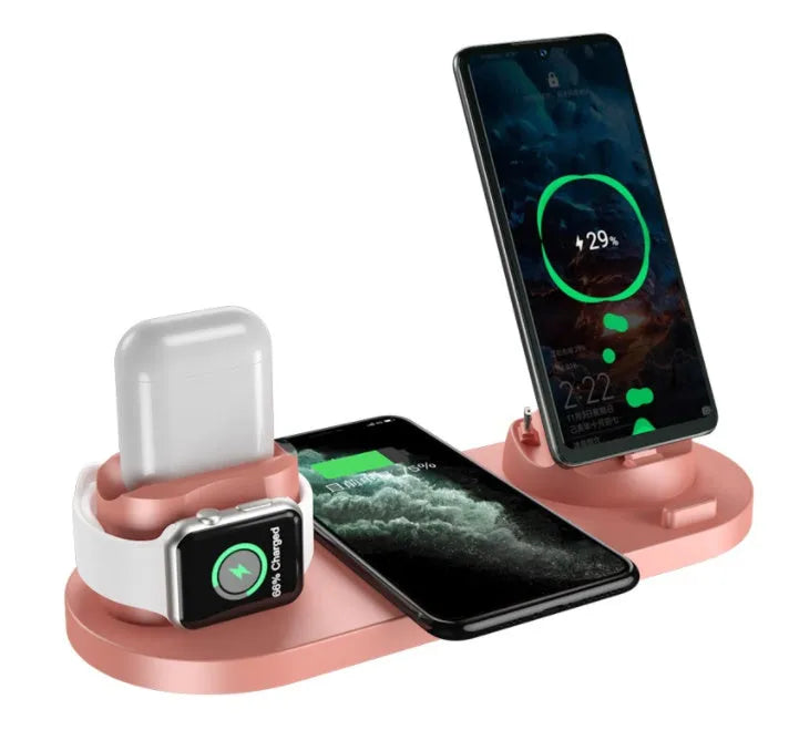 6 in 1 wireless charger for iPhone and watch, fast charging pad in black, compact 23cm design