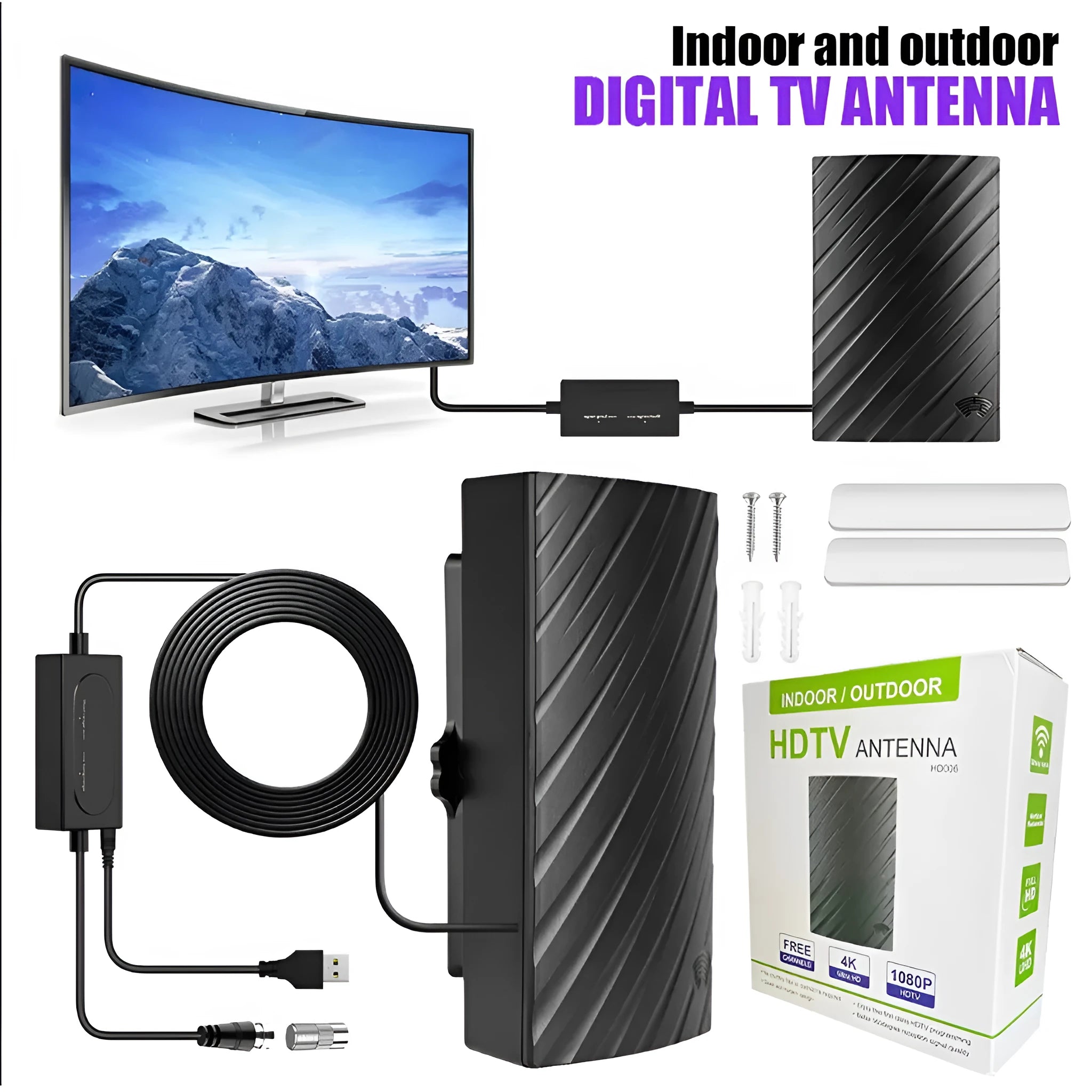 Black plastic digital television antenna with mounting hardware including expansion tubes, screws, cable ties and adhesive tape