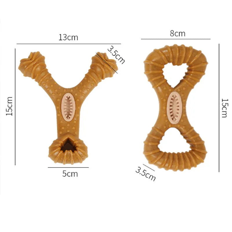 Dog chew toy bone with textured ridges for teeth cleaning in Y-shape and 8-shape designs