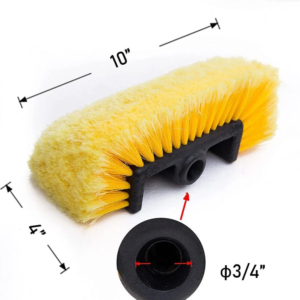 Portable yellow car wash brush with four-section extendable rod and flow-through brush head.