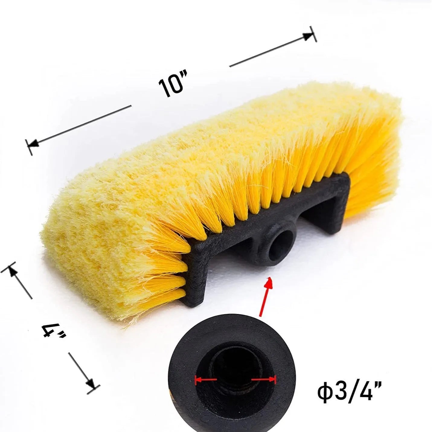 Portable yellow car wash brush with four-section extendable rod and flow-through brush head.