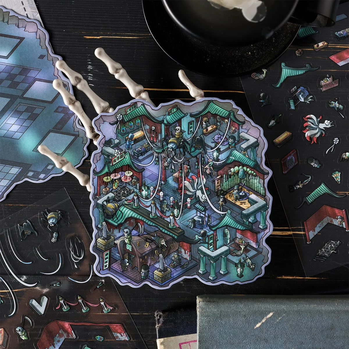Micro Fear World miniature scene sticker sheet with four cartoon horror themes on PET material