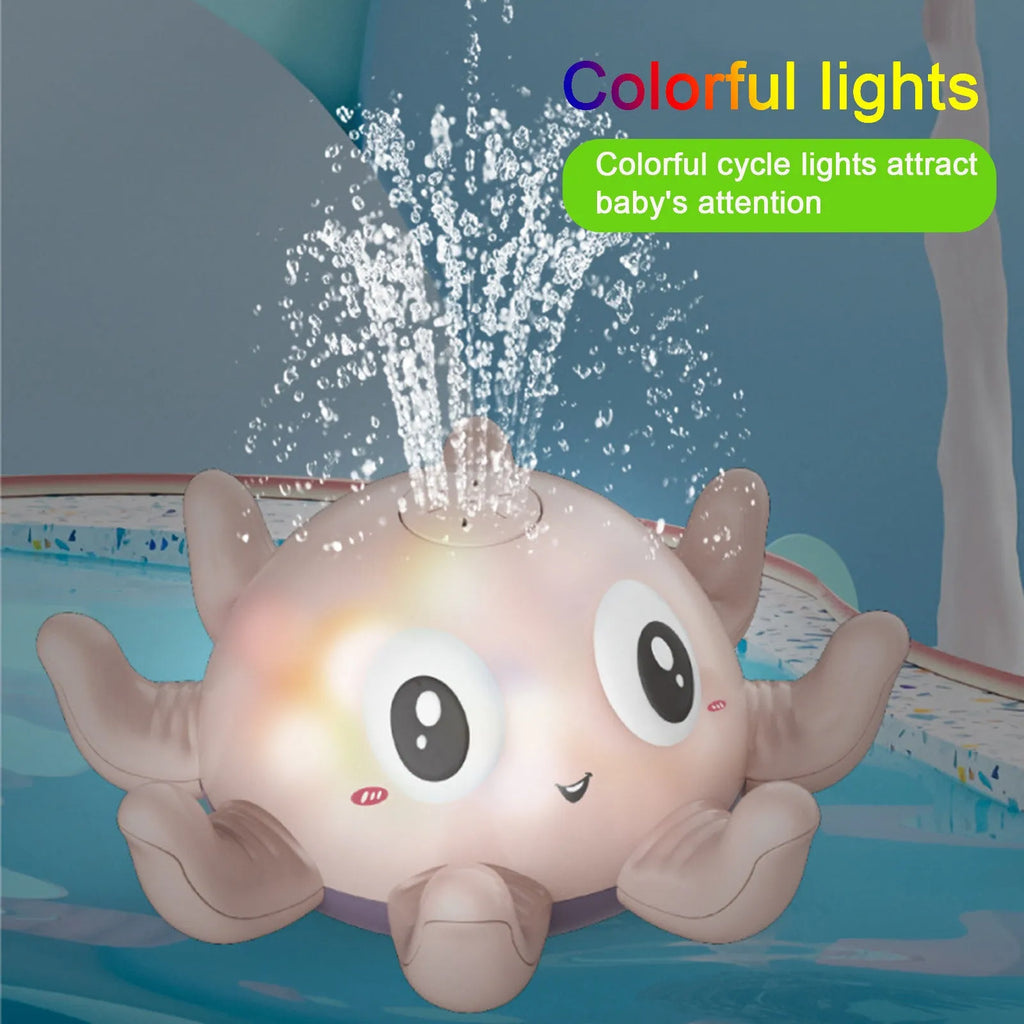 Blue or pink automatic spraying octopus bath toy with flashing lights for children's bathtub and pool play.