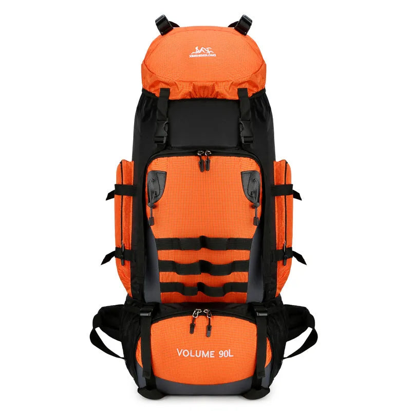 90L large capacity waterproof outdoor travel backpack for men in black, blue, and camouflage