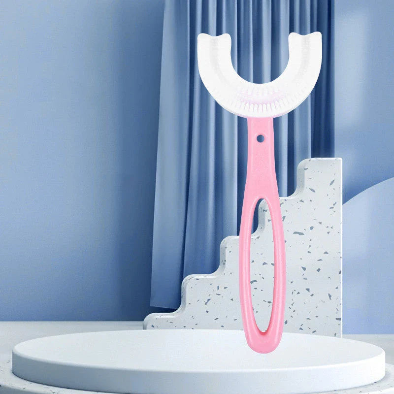 U-shaped children's soft rubber toothbrush in various colors including pink, blue, and long options