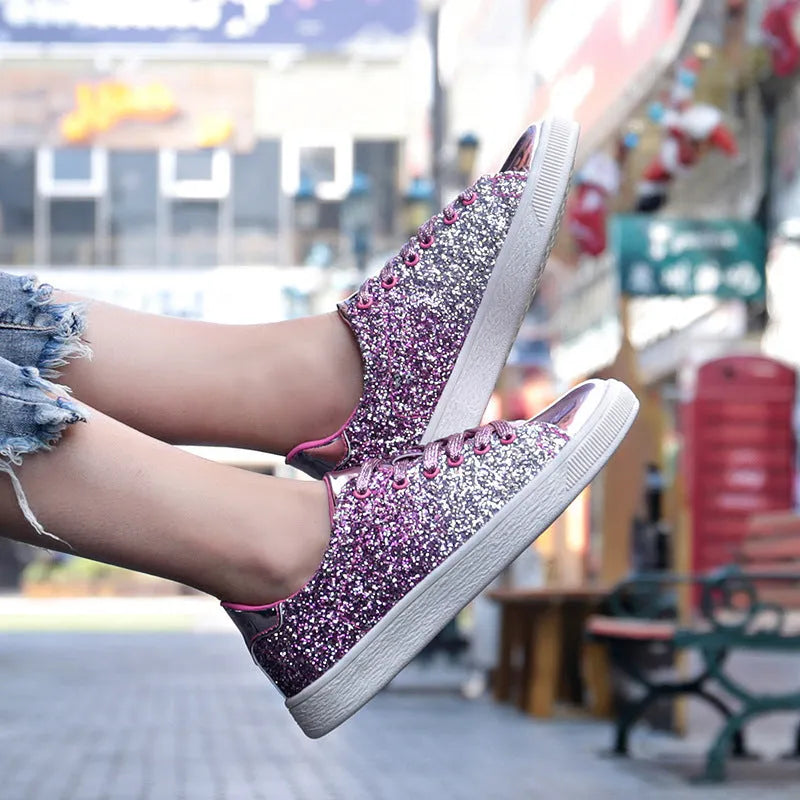 Women's black, pink, and gold sequined casual lace-up shoes with a round toe and leather lining.