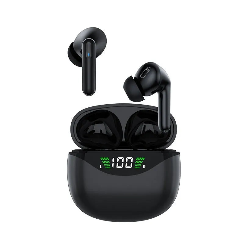 Black wireless Bluetooth headset, earplug style, PC+ABS construction, 10-metre range
