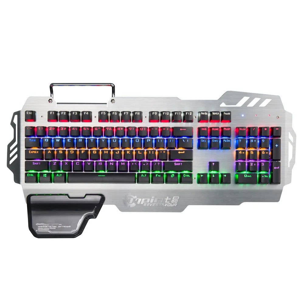 Silver gaming keyboard with green mechanical switches and wrist splint accessory on desktop