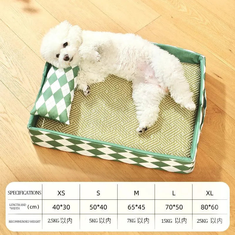 A blue woven rattan cat mat showing its breathable texture and rectangular shape, placed on a floor.