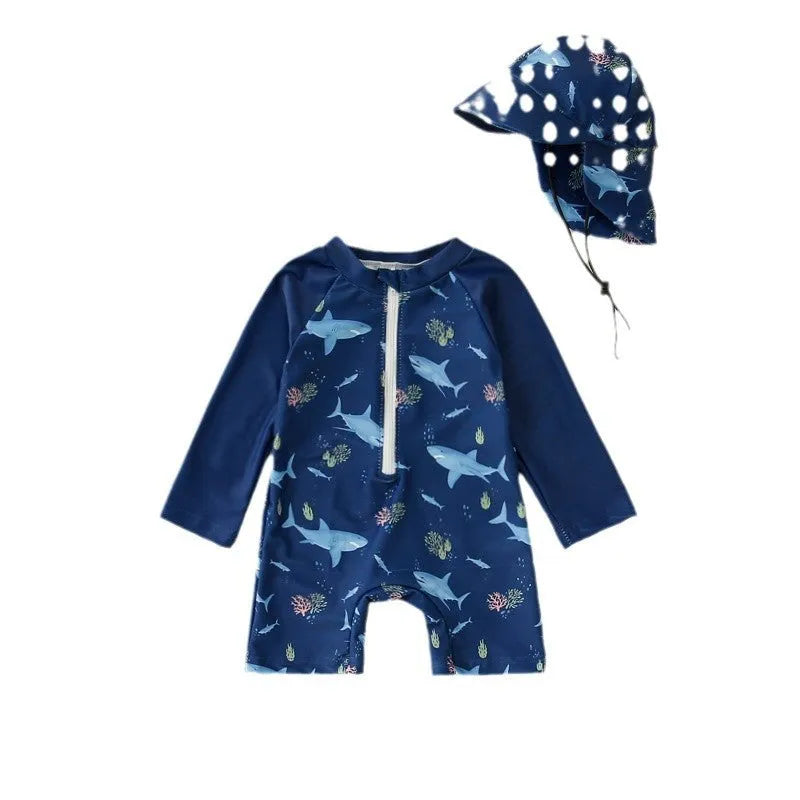 Children’s polyester jumpsuit swimsuit with hat in dark blue shark design, size 100