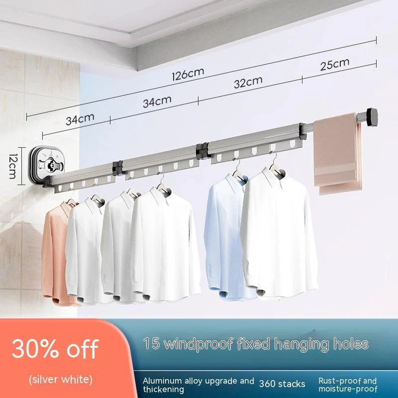 Aluminum retractable clothes drying rack mounted on wall with suction cups