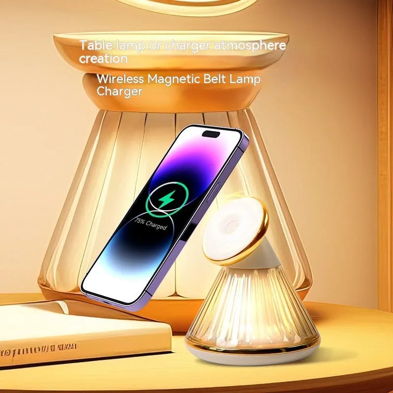 Night table lamp with wireless charging surface in champagne gold metallic finish
