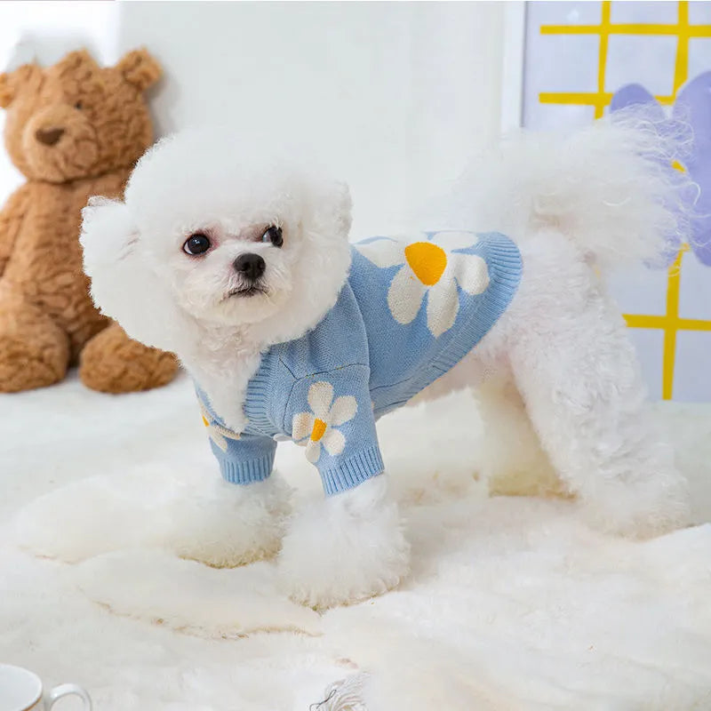 Blue polyester sweater for a small dog on a white background, showing the front of the garment.