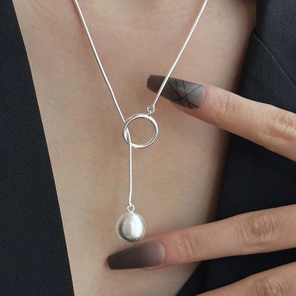 Platinum-plated round ball ring long necklace with snake bone chain for women