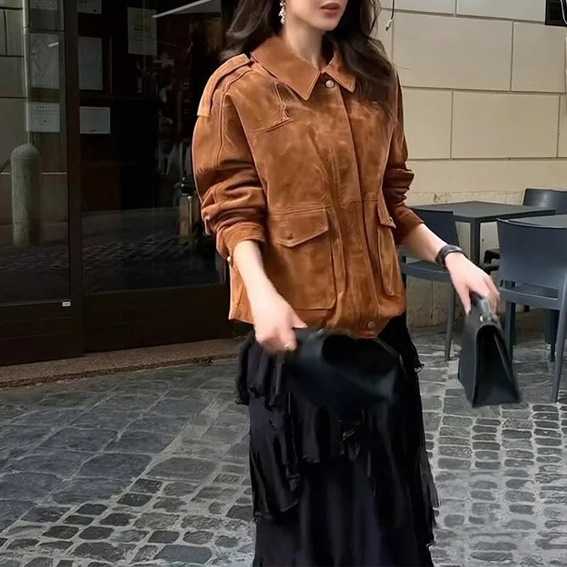 Women's brown suede coat with regular sleeves in street chic style showing front view