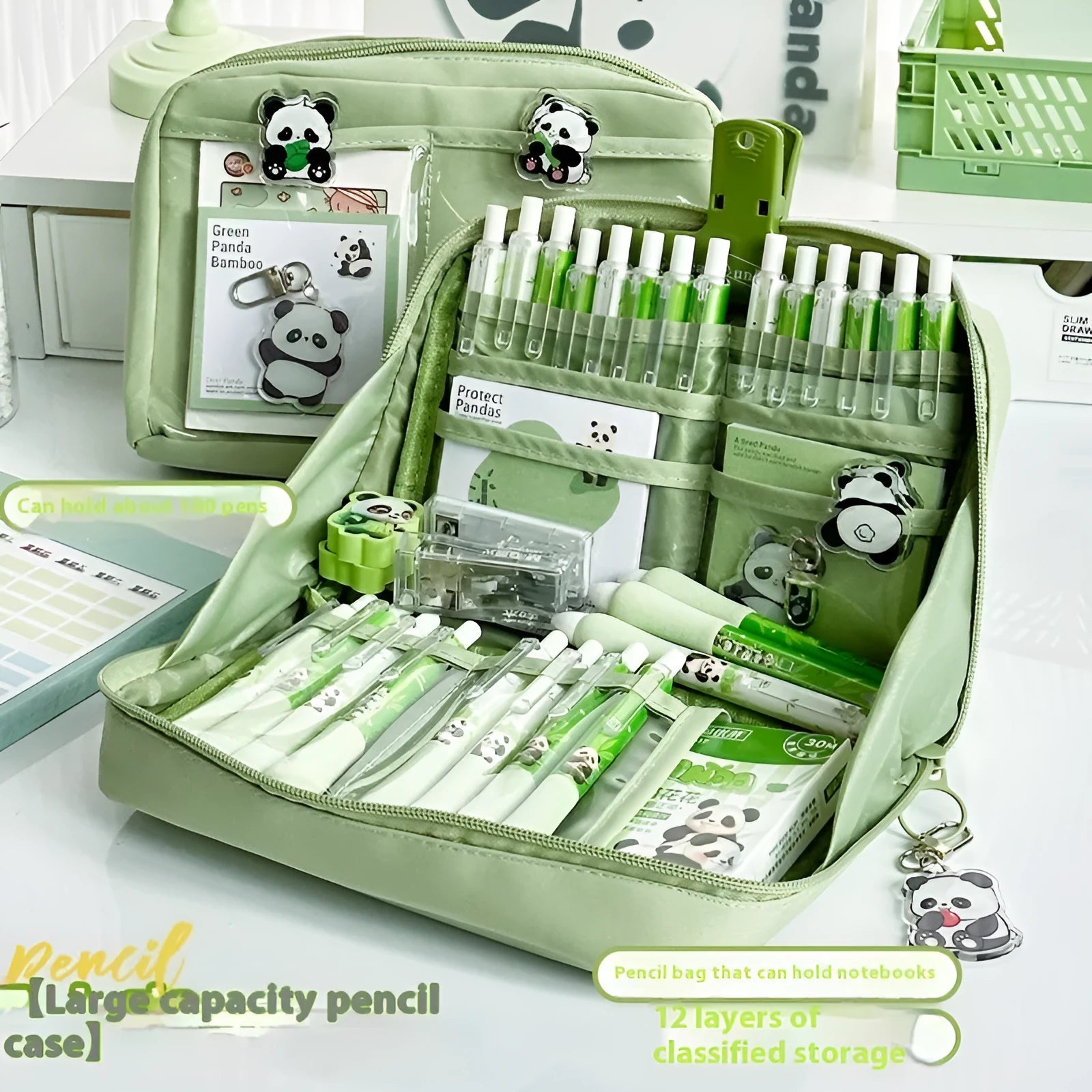 Green canvas 12-layer panda pencil case with zip closure, shown open to reveal compartments.