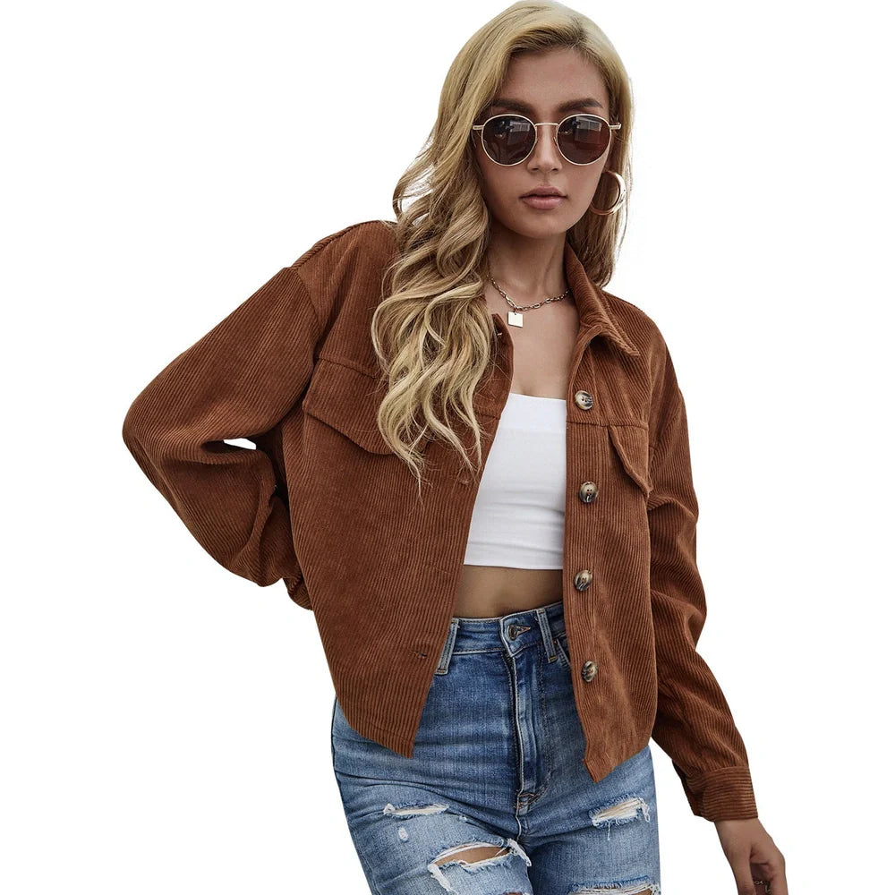 Women's brown corduroy slim coat with long sleeves and street hipster styling