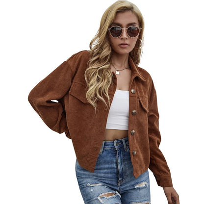 Women's brown corduroy slim coat with long sleeves and street hipster styling