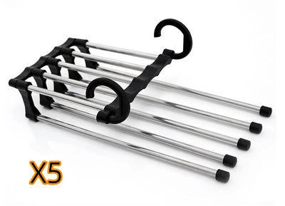 Versatile 5-in-1 stainless steel clothing rack with dual-hook system for organised wardrobe