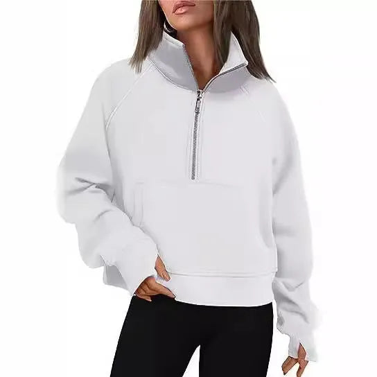 Women's loose lapel fleece-lined sweater in a solid colour with long raglan sleeves.