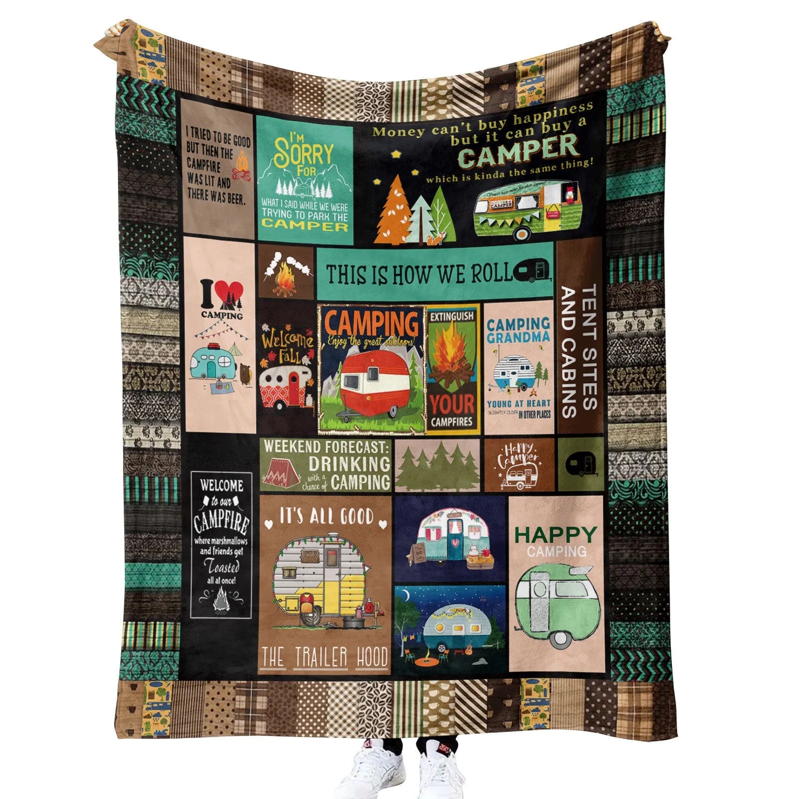 Outdoor camping blanket made from soft 100% polyester in a picnic setting with green grass background