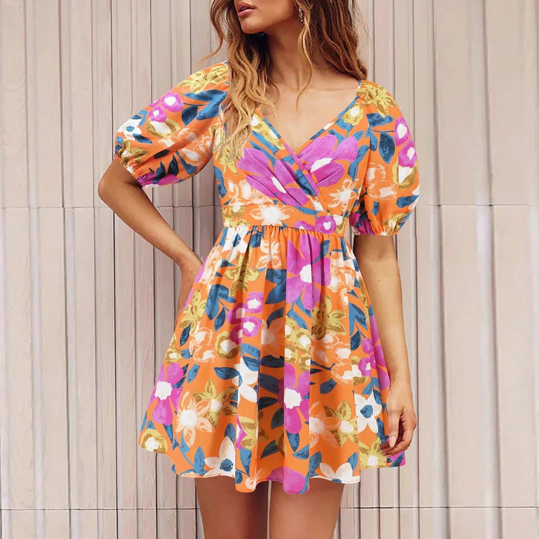 Trendy floral print summer dress with flattering lantern sleeves in vibrant colors