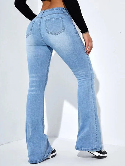 Women's slim-fit flared jeans in high waist stretch cotton, available in blue, light blue, and black.