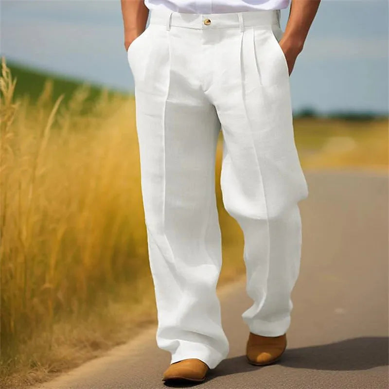 Men's linen blend loose straight casual trousers in solid colour with zipper fly, British style