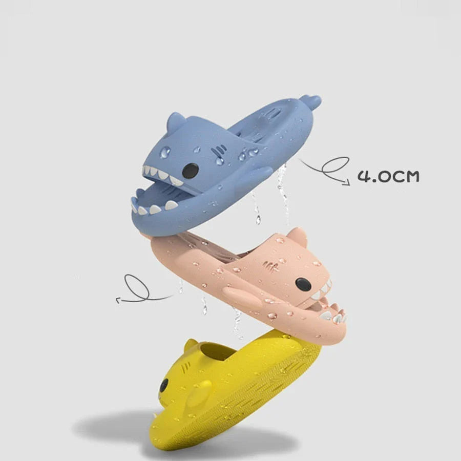 Shark-themed shower slides with drainage holes for women, featuring a realistic design, comfortable EVA material, and anti-slip features.