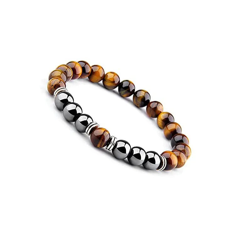 Handmade tigereye hematite unisex stone bracelet with silver-strip finish on a white background