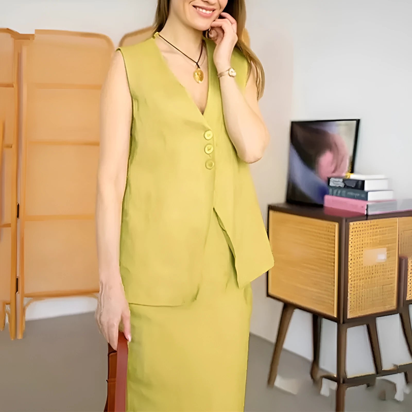 White sleeveless top and long skirt two-piece casual suit set on a model.
