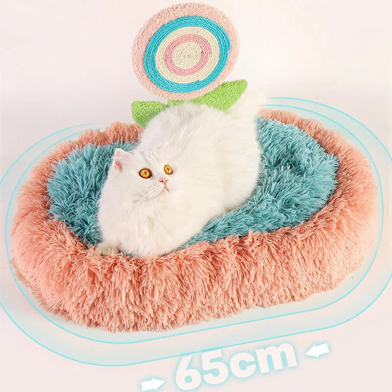 Pink thick plush cat nest bed with high rim and removable cushion in an elliptical lollipop shape.