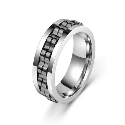 Men's titanium spinner ring with square texture and rotating gear design