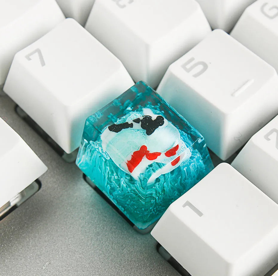 Blue scenic koi fish resin keycaps for Cherry MX mechanical keyboards showing spacebar and individual keys