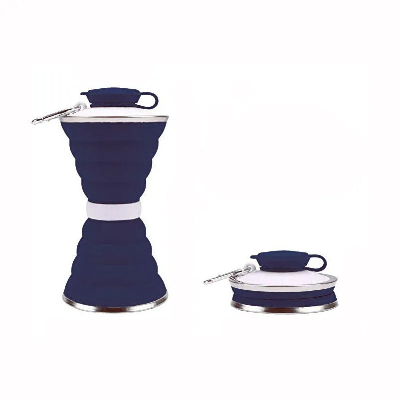 500ml collapsible silicone travel cup shown folded and unfolded with hanging rope and stainless steel rim