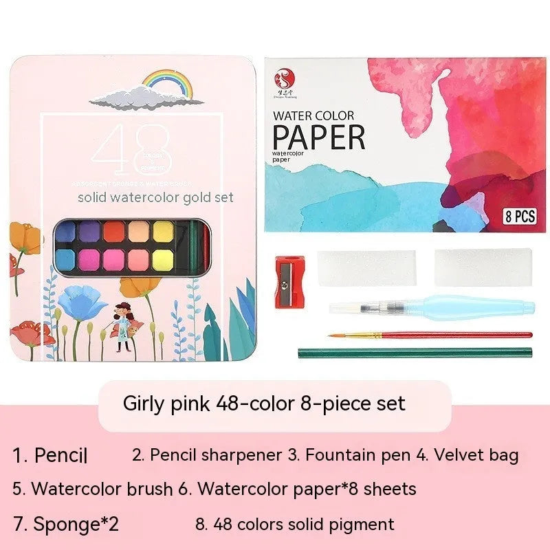 48 colour solid watercolour paint set showing Black Knight, Girl Pink and Sunshine Blue pans in plastic box