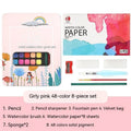 48 colour solid watercolour paint set showing Black Knight, Girl Pink and Sunshine Blue pans in plastic box