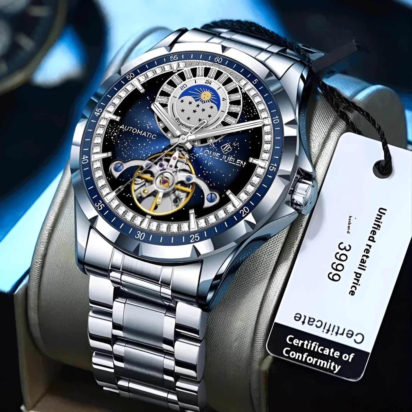 Men's silver and blue automatic mechanical watch with stainless steel strap on wrist